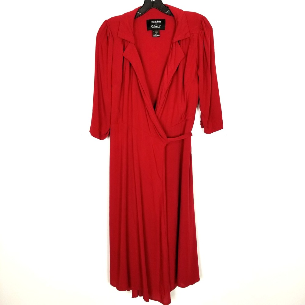 ModCloth X Collectif Womens Tie Side Teresa Wrap Midi Dress Sz US 6 Red Classic